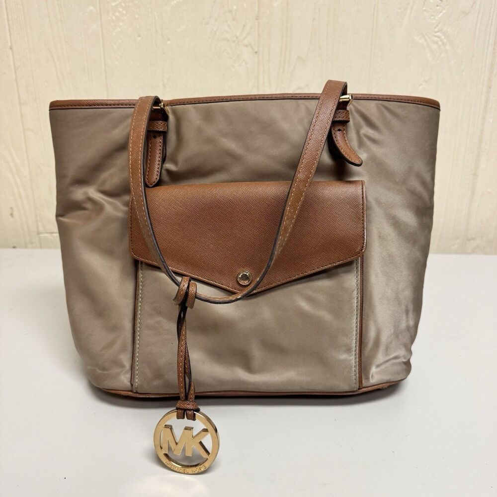 Michael Kors Jet Set Nylon Large Travel Tote Dusk Brown Tan Designer Preppy